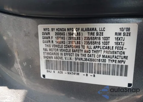 2009 Honda Odyssey Ex z USA, uszkodzony, nr VIN 5FNRL38439B016120